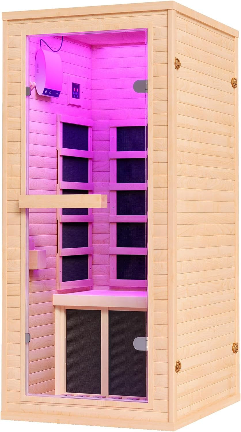 Outdoor Sauna 1 Person, Infrared Saunas for Home, Low EMF 1245W/110V Spruce Wood Dry Sauna with Tourmaline Stone Foot Warmer, 7-Color Light Therapy & 2 Bluetooth Speakers, 33.5"X35.4"X78.7"