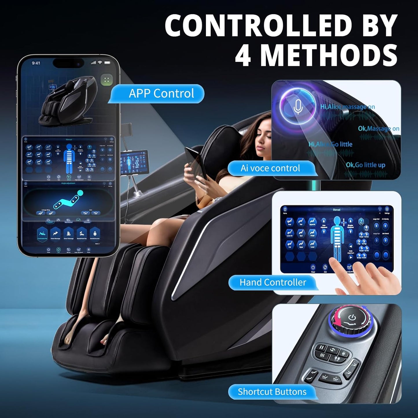 4D Massage Chair Full Body Zero Gravity Recliner - 55“ Sl-Track,15 Auto Modes,11 Massage Technique,40 Airbags Massage,With Yoga Stretch,App Control,Shiatsu Foot Massage(Black)