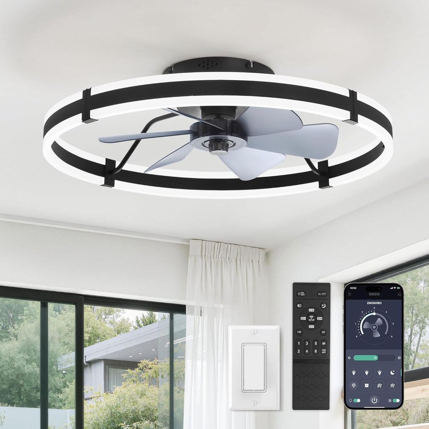 Ceiling Fans with Lights and Remote, 19.7'' Low Profile Ceiling Fan, 3000-6000K Dimmable Modern Flush Mount LED Fan Light, 6 Wind Speeds, Black Fandelier Ceiling Fans for Bedroom