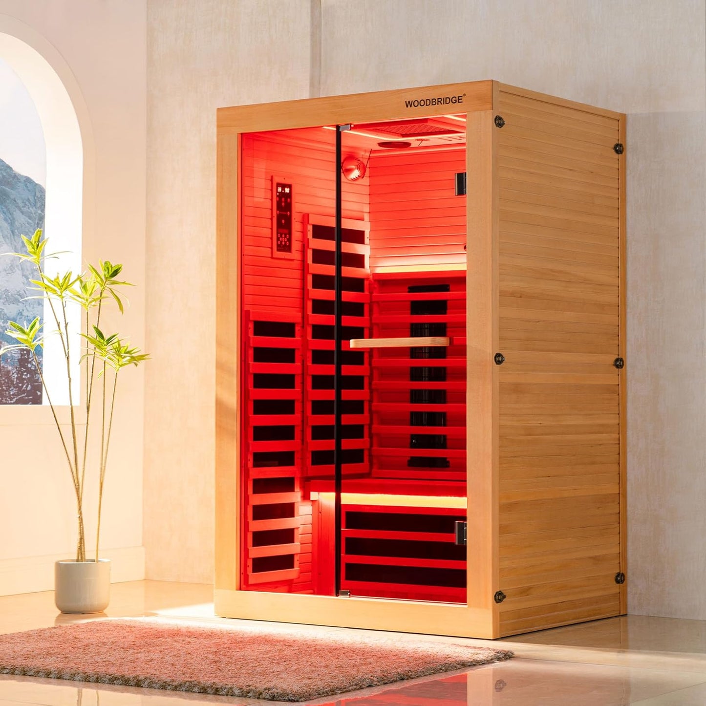 Infrared Home Sauna Room 1 Person Hemlock Wooden Indoor Sauna,7 Carbon 1560W/120V Heaters,With Led Color Therapy Light,Bluetooth Speaker,Tempered Glass,Touch-Tone Keypad and a Top Vent