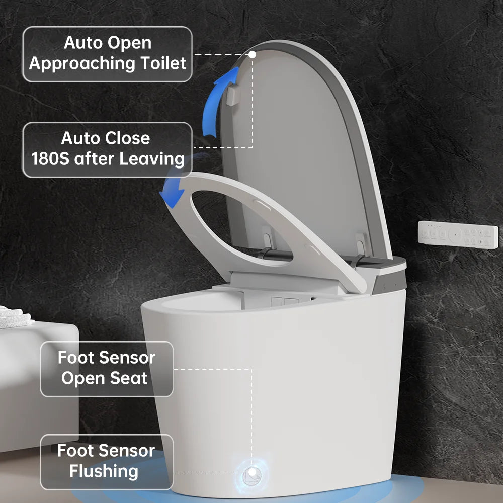 Smart Toilet Built-In Foam Shield Splash Proof & Tank, Auto Open/Close Lid,Ada Chair Height,Foot Sensor Flush