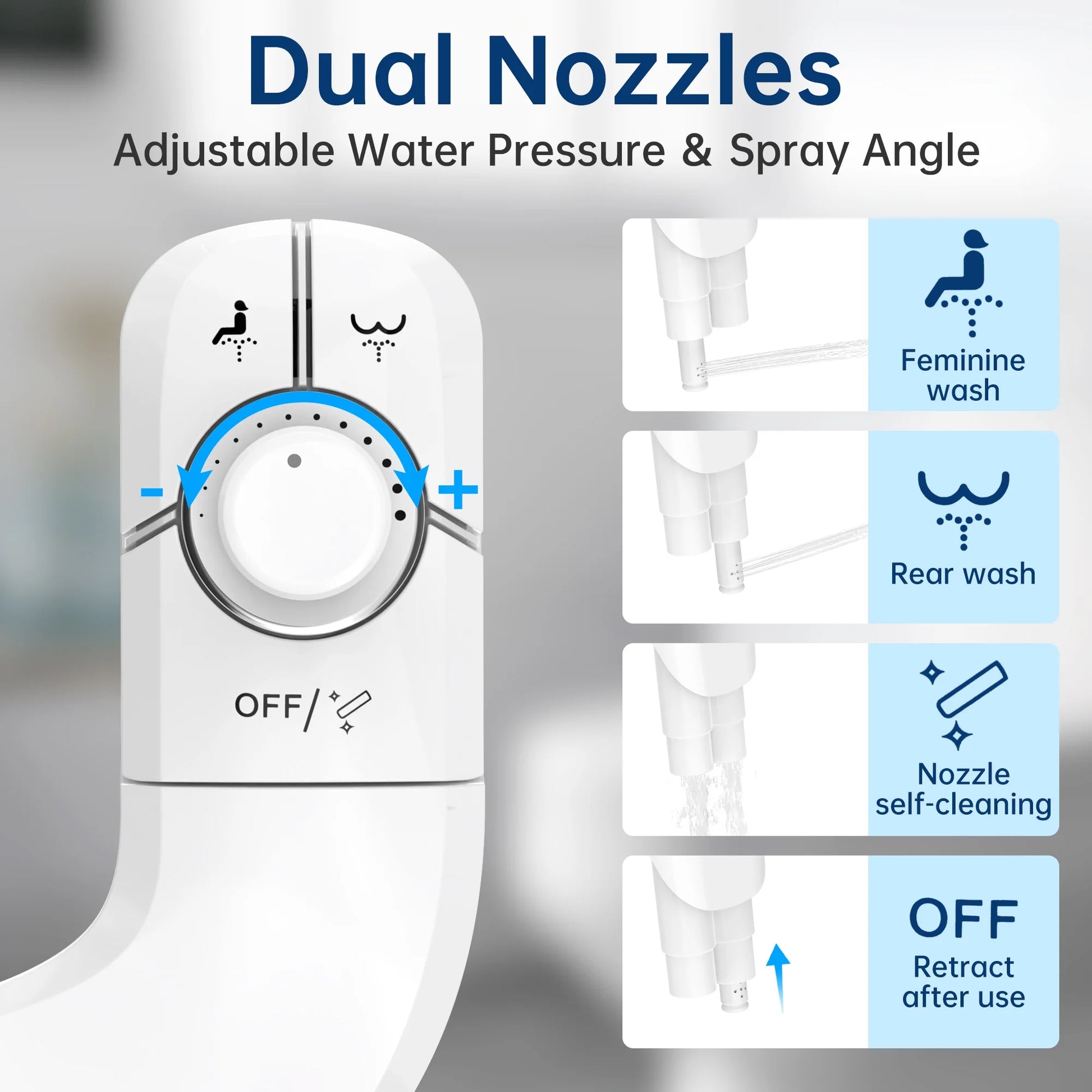Bidet Attachment for Toilet, Self Cleaning Dual Nozzles, Adjustable Water Pressure, Frontal & Rear Wash, Non-Electric Fresh Water Bidet Toilet Seat Attachment B017