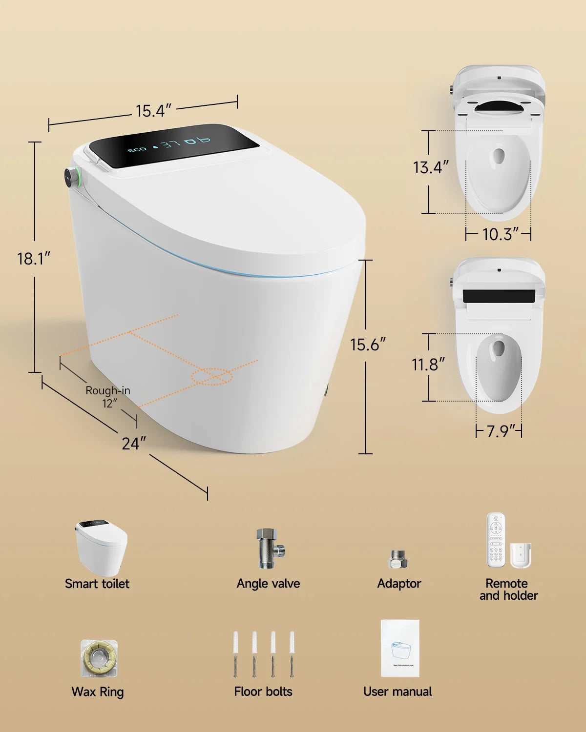 Smart Toilet with Tankless Bidet Wash, Auto-Open Lid/Seat, 1.28 Gallons Auto Dual Flush, Heat Seat, Warm Wash/Dryer, Soft Closing, Remote Control