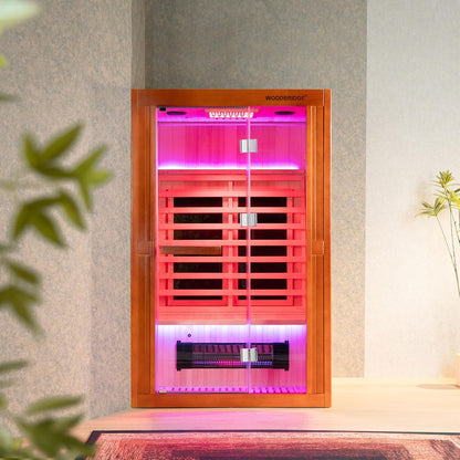 Infrared Home Sauna Room 2 Person Hemlock Wooden Indoor Sauna with 7 Carbon Heaters, Red Light Therapy, Bluetooth Speaker, Intelligent Control Panel, Tempered Glass & Top Vent