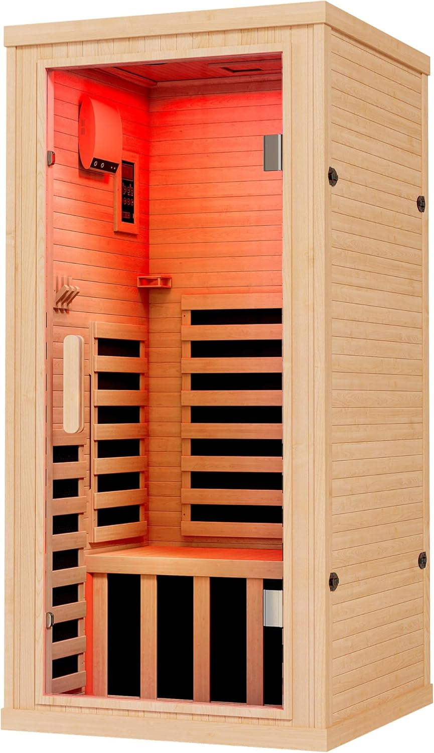 Outdoor Sauna 1 Person, Infrared Saunas for Home, Low EMF 1245W/110V Spruce Wood Dry Sauna with Tourmaline Stone Foot Warmer, 7-Color Light Therapy & 2 Bluetooth Speakers, 33.5"X35.4"X78.7"