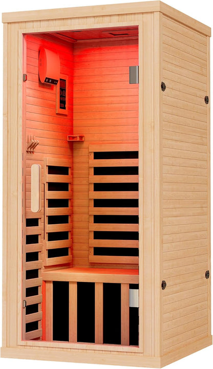 Outdoor Sauna 1 Person, Infrared Saunas for Home, Low EMF 1245W/110V Spruce Wood Dry Sauna with Tourmaline Stone Foot Warmer, 7-Color Light Therapy & 2 Bluetooth Speakers, 33.5"X35.4"X78.7"