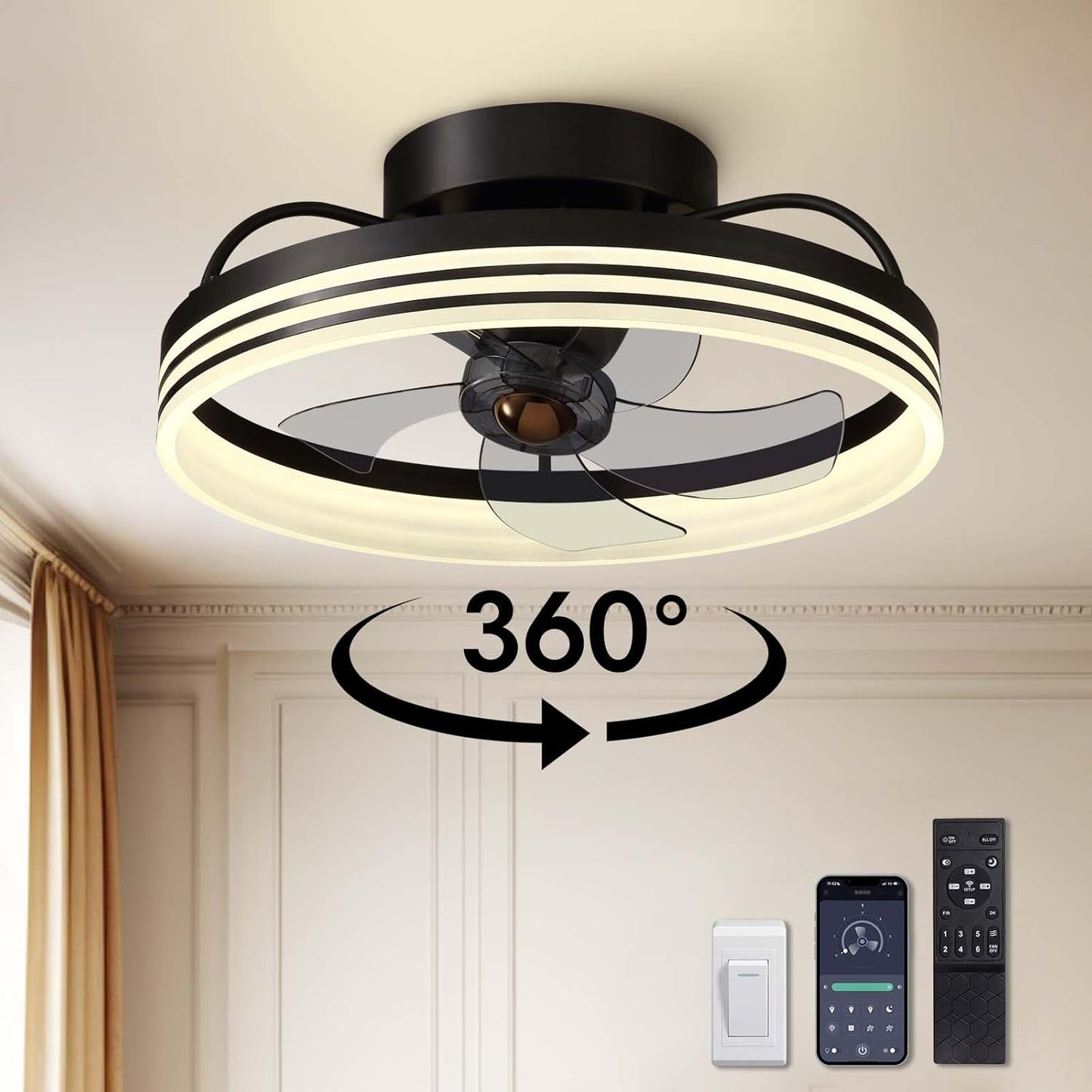Ceiling Fans with Lights, Flush Mount Ceiling Fan with Lights and Remote, 6 Wind Speeds Smart Low Profile Ceiling Fan for Bedroom, Kids Room and Living Room 20" (Black)
