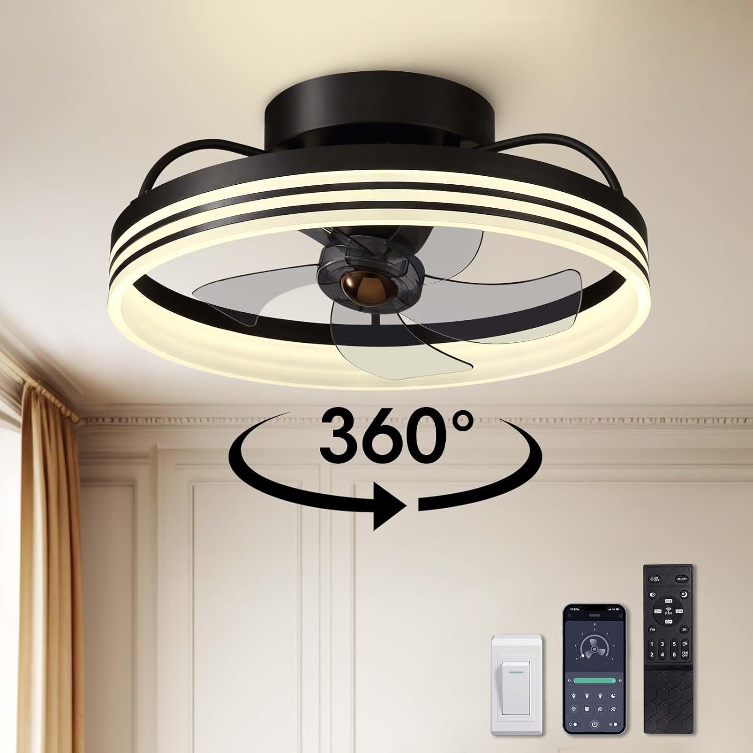 Ceiling Fans with Lights, Flush Mount Ceiling Fan with Lights and Remote, 6 Wind Speeds Smart Low Profile Ceiling Fan for Bedroom, Kids Room and Living Room 20" (Black)