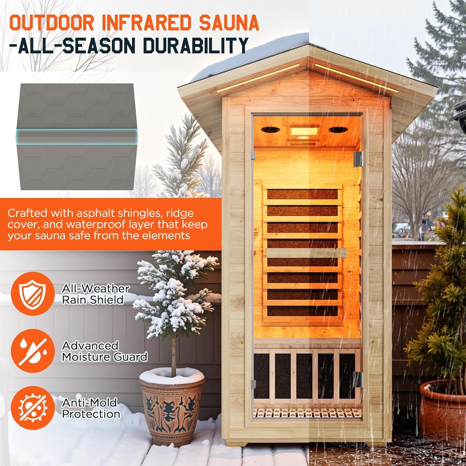 Outdoor Sauna 1 Person, Infrared Saunas for Home, Low EMF 1245W/110V Spruce Wood Dry Sauna with Tourmaline Stone Foot Warmer, 7-Color Light Therapy & 2 Bluetooth Speakers, 33.5"X35.4"X78.7"