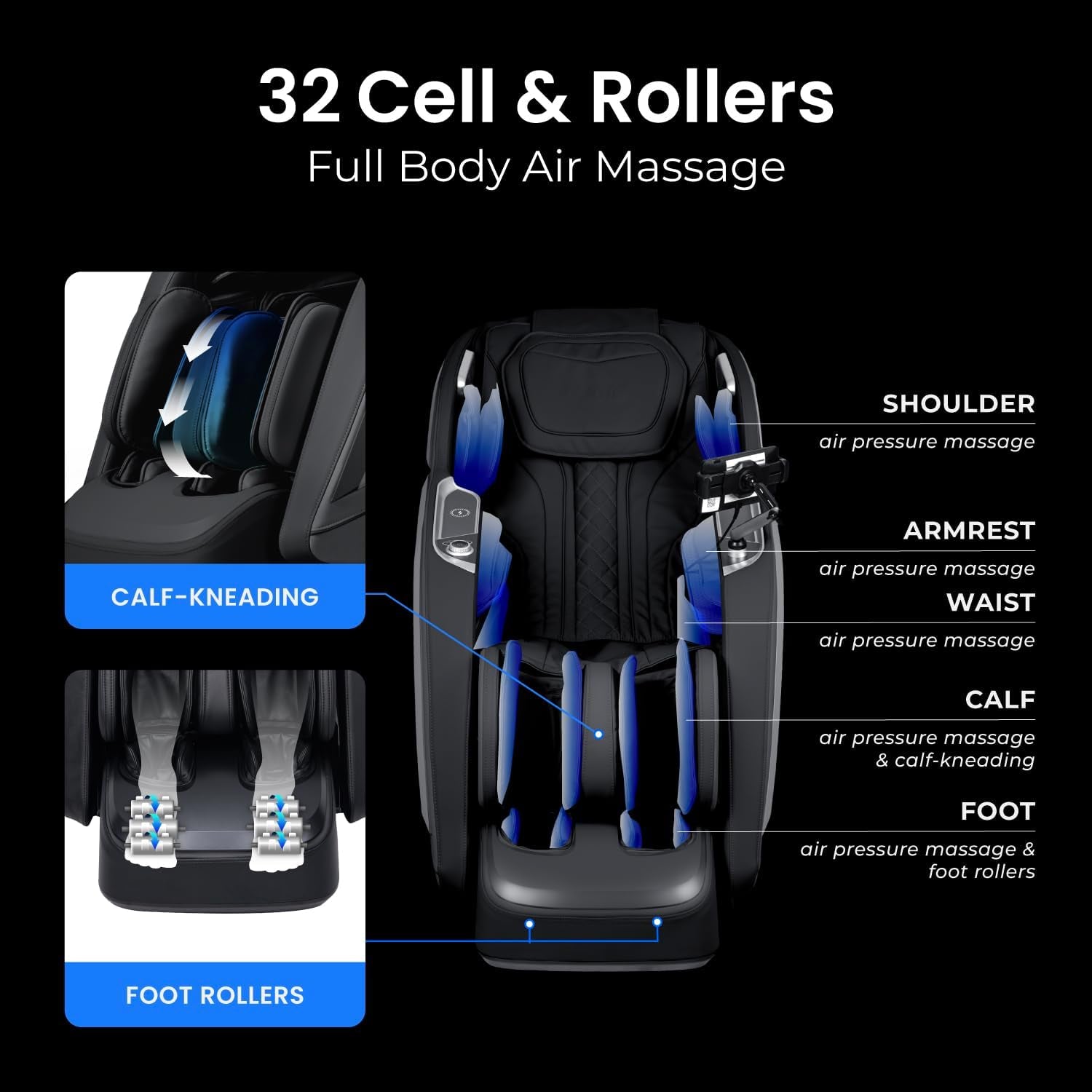 Vibe 4D L 4D Massage Mechanism L Automatic Body Scan L Deep Calf-Kneading L Space-Saving Technology L 3-Stage Zero Gravity L 32-Cell Full Body Air Massage (Black)