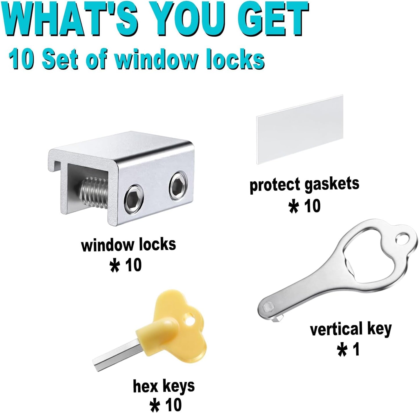 Sliding Window Locks (10 Sets), Security Window Locks with Keys, Adjustable Aluminum Sliding Window Stops, Easy Installation without Drilling, for Vertical and Horizontal Sliding Windows (Silver)