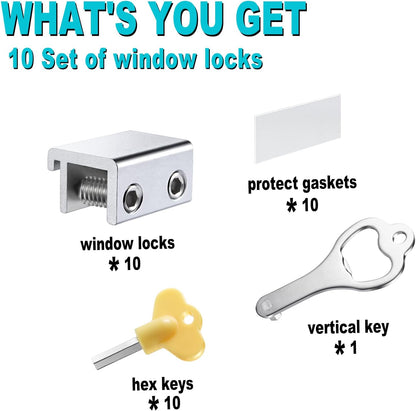 Sliding Window Locks (10 Sets), Security Window Locks with Keys, Adjustable Aluminum Sliding Window Stops, Easy Installation without Drilling, for Vertical and Horizontal Sliding Windows (Silver)