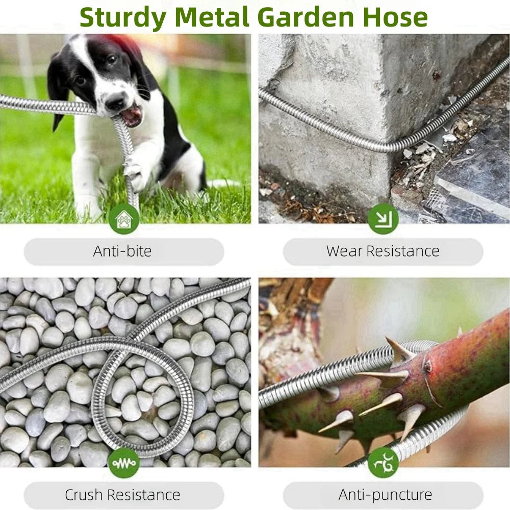 Garden Hose 100 FT,304 Stainless Steel Heavy Duty Water Hose with 7 Function Nozzles No-Kink Rust Proof for Yard Outdoor