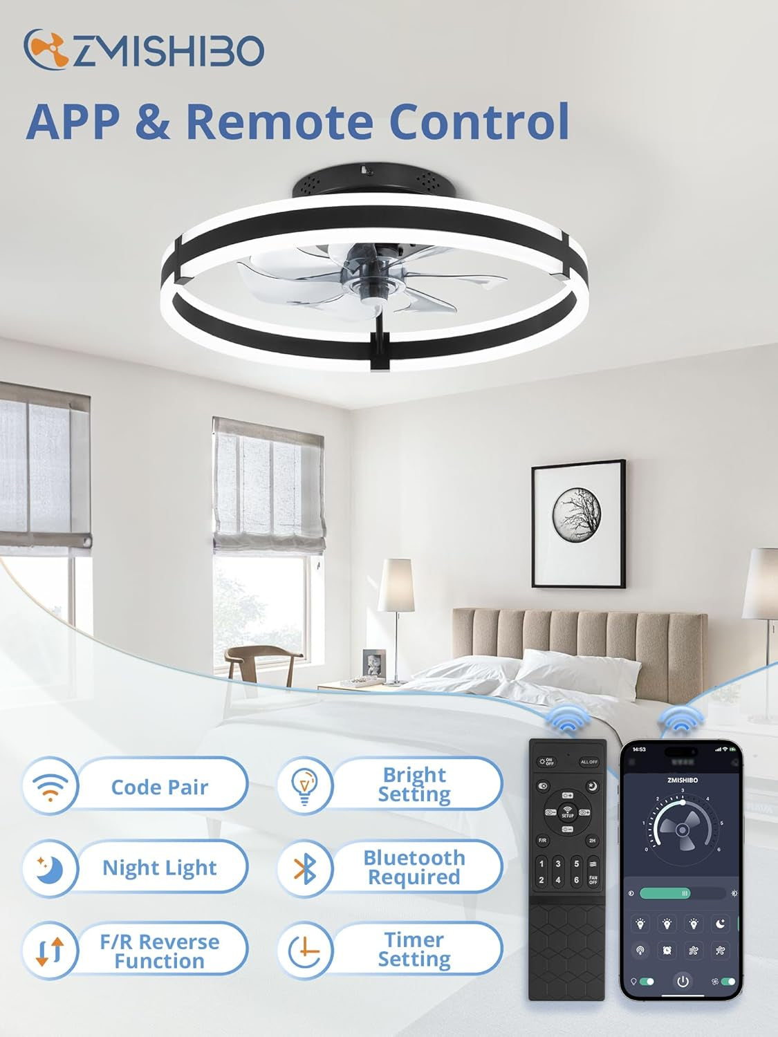 Ceiling Fans with Lights and Remote, 19.7'' Low Profile Ceiling Fan, 3000-6000K Dimmable Modern Flush Mount LED Fan Light, 6 Wind Speeds, Black Fandelier Ceiling Fans for Bedroom