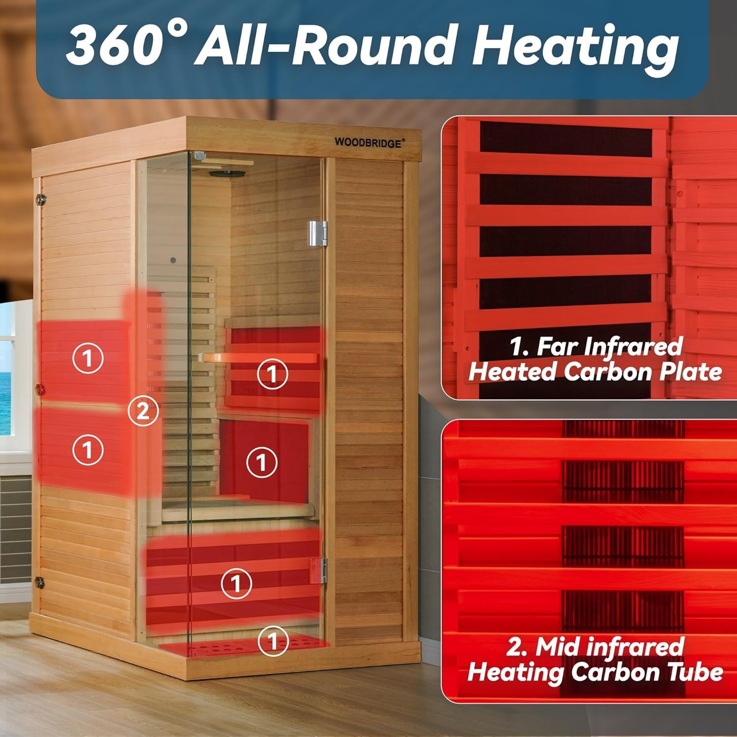 Infrared Home Sauna Room 1 Person Hemlock Wooden Indoor Sauna,7 Carbon 1560W/120V Heaters,With Led Color Therapy Light,Bluetooth Speaker,Tempered Glass,Touch-Tone Keypad and a Top Vent