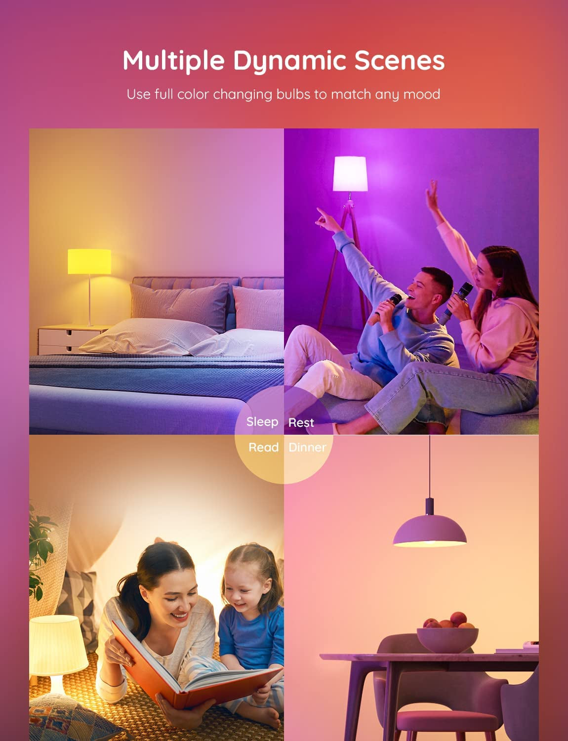 Smart Light Bulbs, Color Changing Light Bulb, Work with Alexa and Google Assistant, 16 Million Colors RGBWW, Wifi & Bluetooth LED Light Bulbs, Music Sync, A19, 800 Lumens, 4 Pack