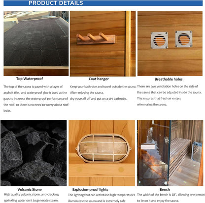 Outdoor Red Cedar Steam Sauna for 8 Person, Modern Square with Porch, Full-Glass Front, 8KW ETL Harvia Heater, LED Lighting, Waterproof Roof, Double Bench, Complete Accessories