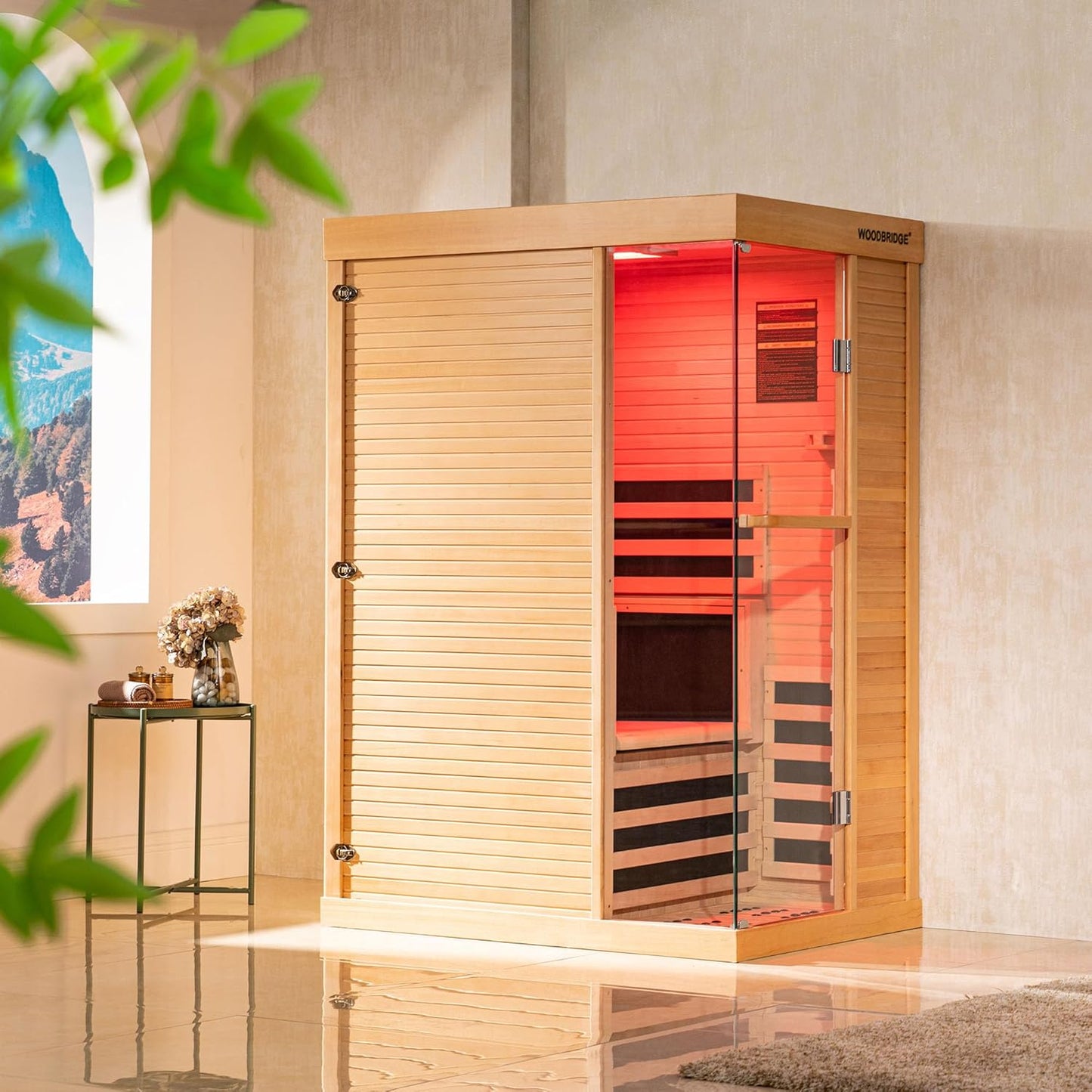 Infrared Home Sauna Room 1 Person Hemlock Wooden Indoor Sauna,7 Carbon 1560W/120V Heaters,With Led Color Therapy Light,Bluetooth Speaker,Tempered Glass,Touch-Tone Keypad and a Top Vent