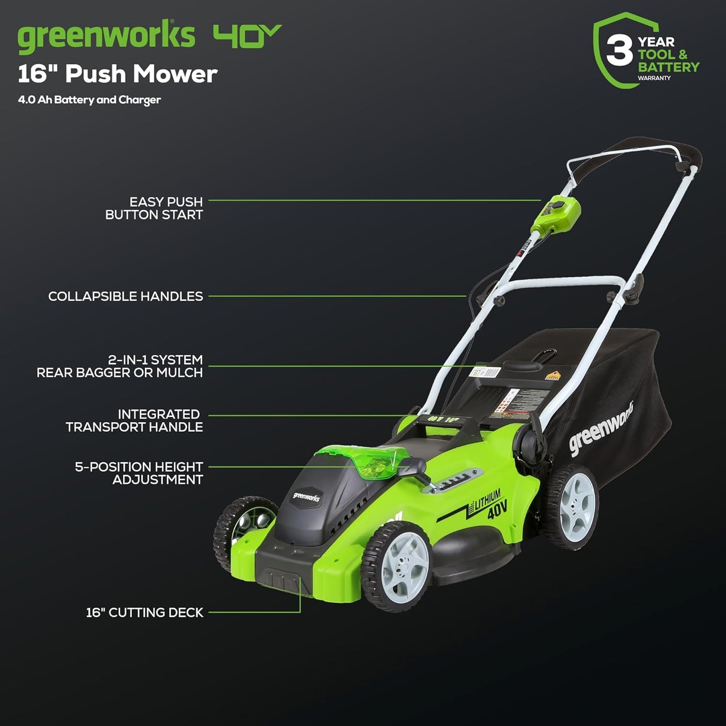40V 16" Cordless Lawn Mower, Ultra-Light Push Mower with 4.0Ah Battery & Charger(75+ Tool Compatibility, 45Min Runtime)