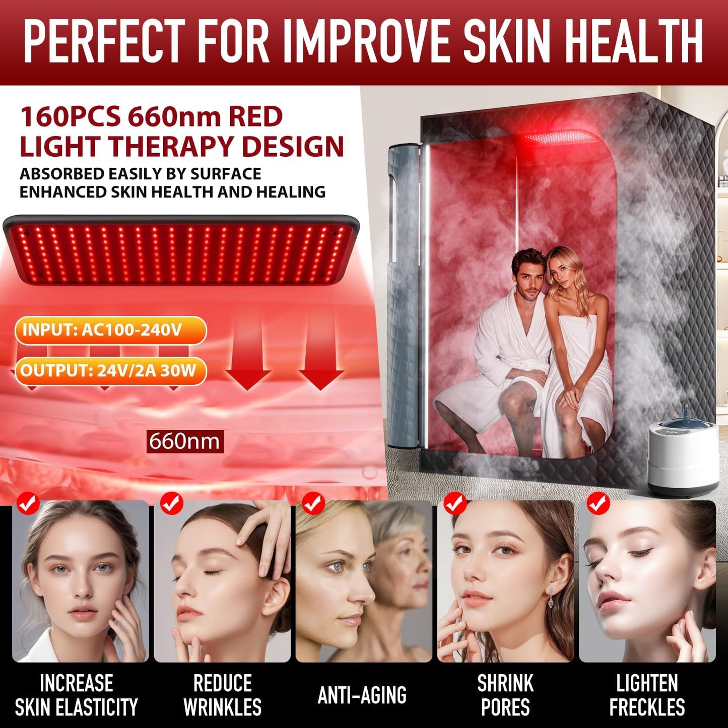 Upgraded 2 Person Sauna Portable Infrared Steam Sauna with 660Nm Red Light Therapy Panel & 2X 3L 1300W Steamers, 2 Folding Chair, XXXL Sauna Box Sauna Tent Home Sauna, 72"X 50"X 36"