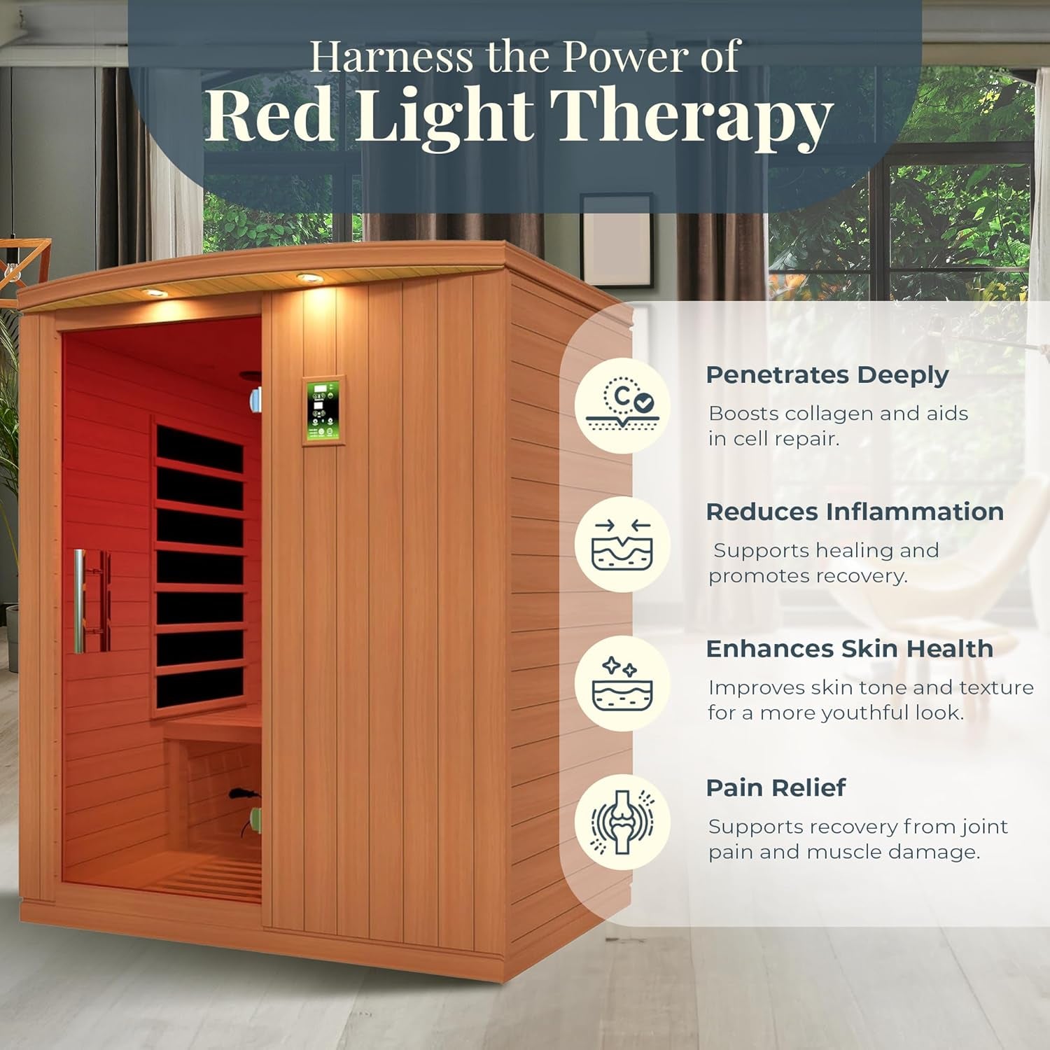 Madrid Elite 3-Person Ultra Low EMF FAR Infrared Sauna with Red Light Therapy & Bluetooth Speakers | Personal Indoor Dry Heat Sauna for Home & Gym – Made from Canadian Hemlock