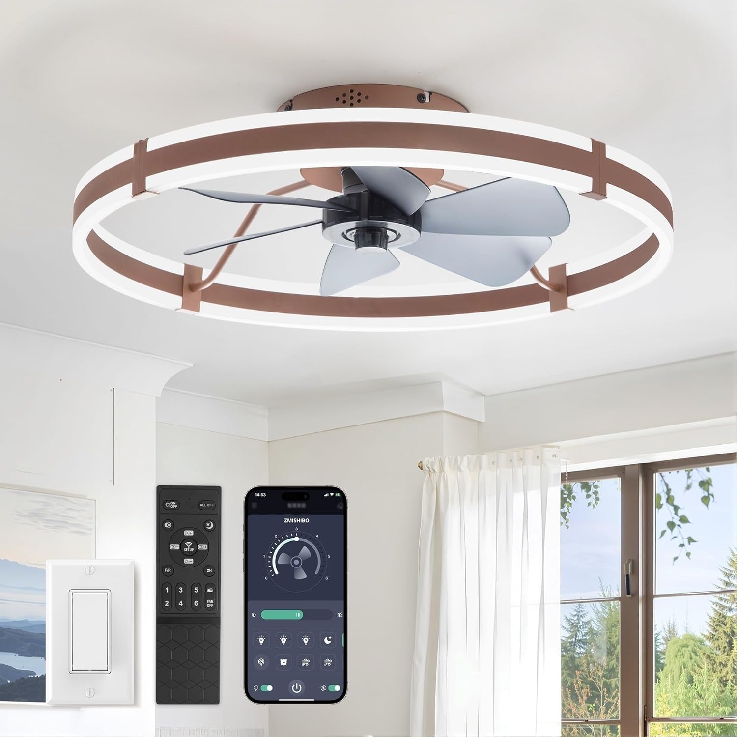 Ceiling Fans with Lights and Remote, 19.7'' Low Profile Ceiling Fan, 3000-6000K Dimmable Modern Flush Mount LED Fan Light, 6 Wind Speeds, Black Fandelier Ceiling Fans for Bedroom