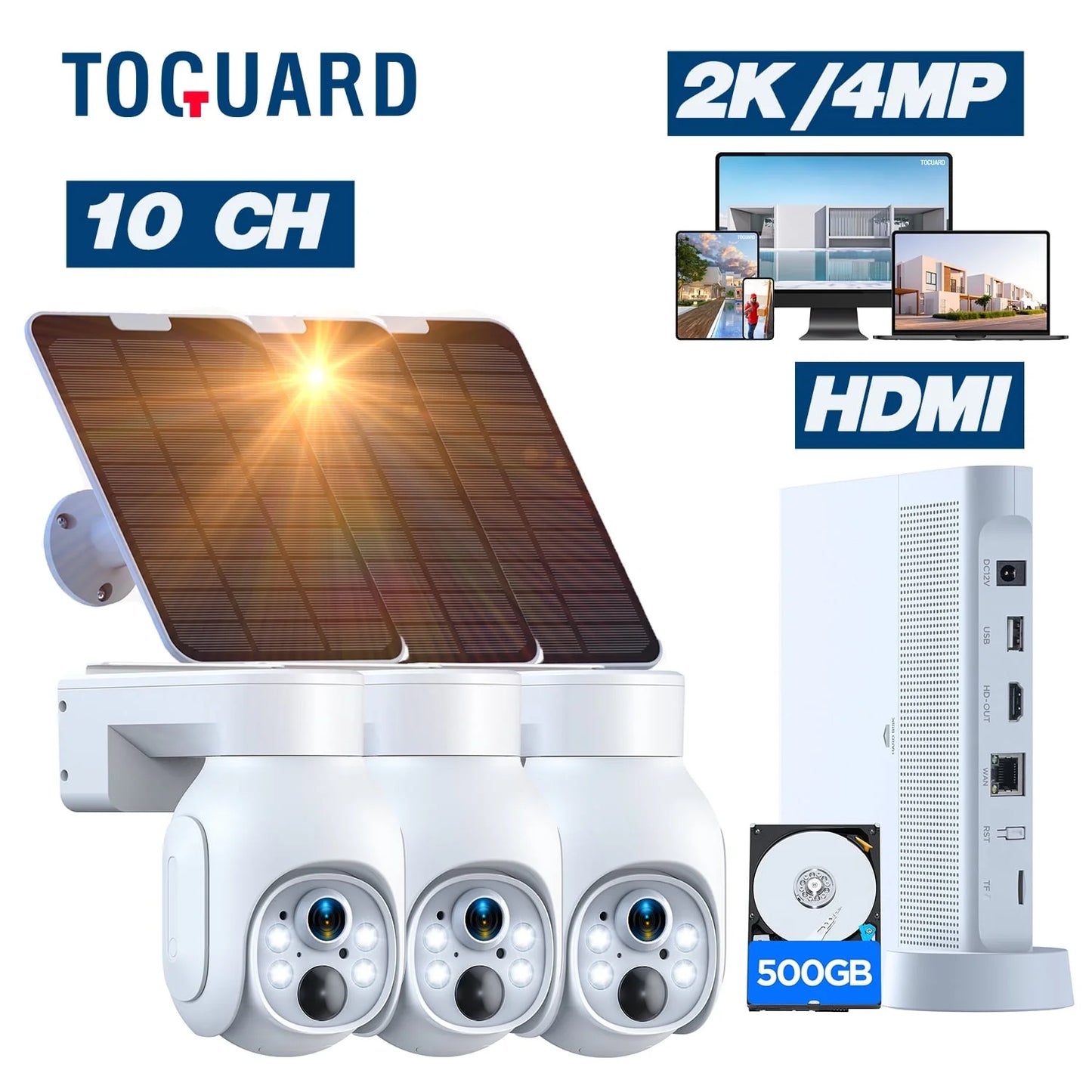 SC23 10CH 4MP Solar Wireless Security Camera System Outdoor Battery Wifi Dome Surveillance Camera NVR HDMI Connector