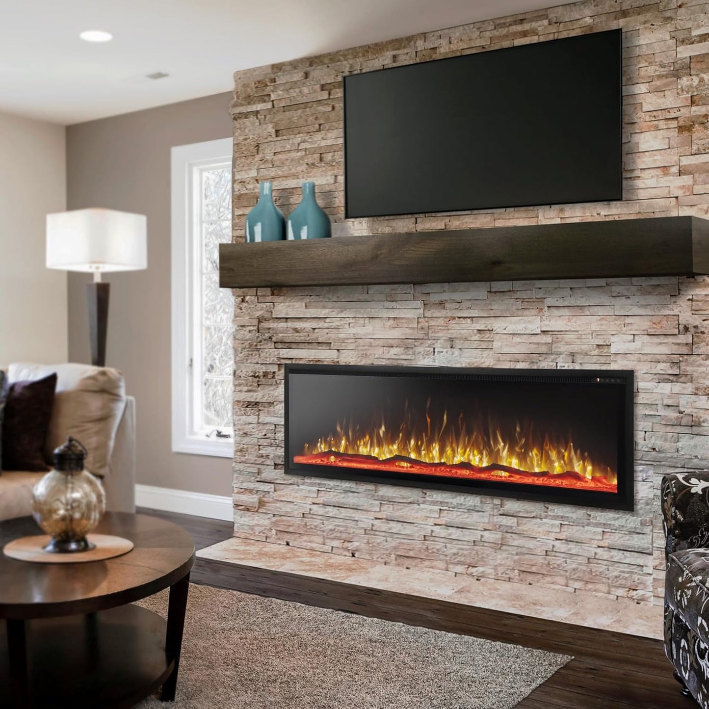 60 Inch Electric Fireplace Wall Mounted, Fireplace Heater with Remote Control, Ultra Narrow Bezel for Living Room