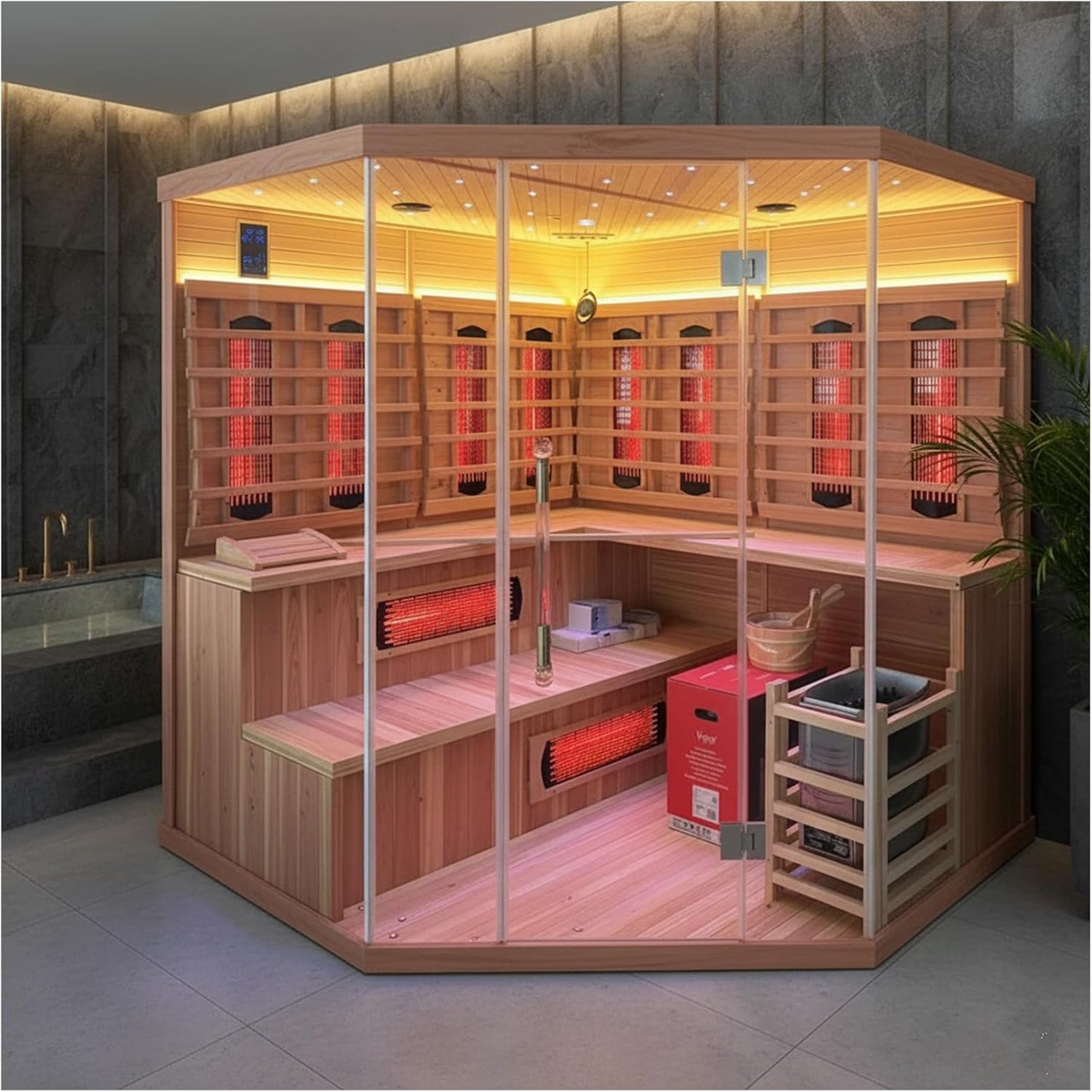 Infrared & Steam Dual-System Sauna, Hybrid Indoor Red Cedar Sauna for 4-6 People, 6KW Heater, Wifi Control, Built-In Sound System, Oxygen Bar, 7-Color Light, Light Strip, Water Bucket, Ladle, 220V