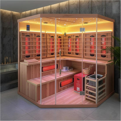 Infrared & Steam Dual-System Sauna, Hybrid Indoor Red Cedar Sauna for 4-6 People, 6KW Heater, Wifi Control, Built-In Sound System, Oxygen Bar, 7-Color Light, Light Strip, Water Bucket, Ladle, 220V