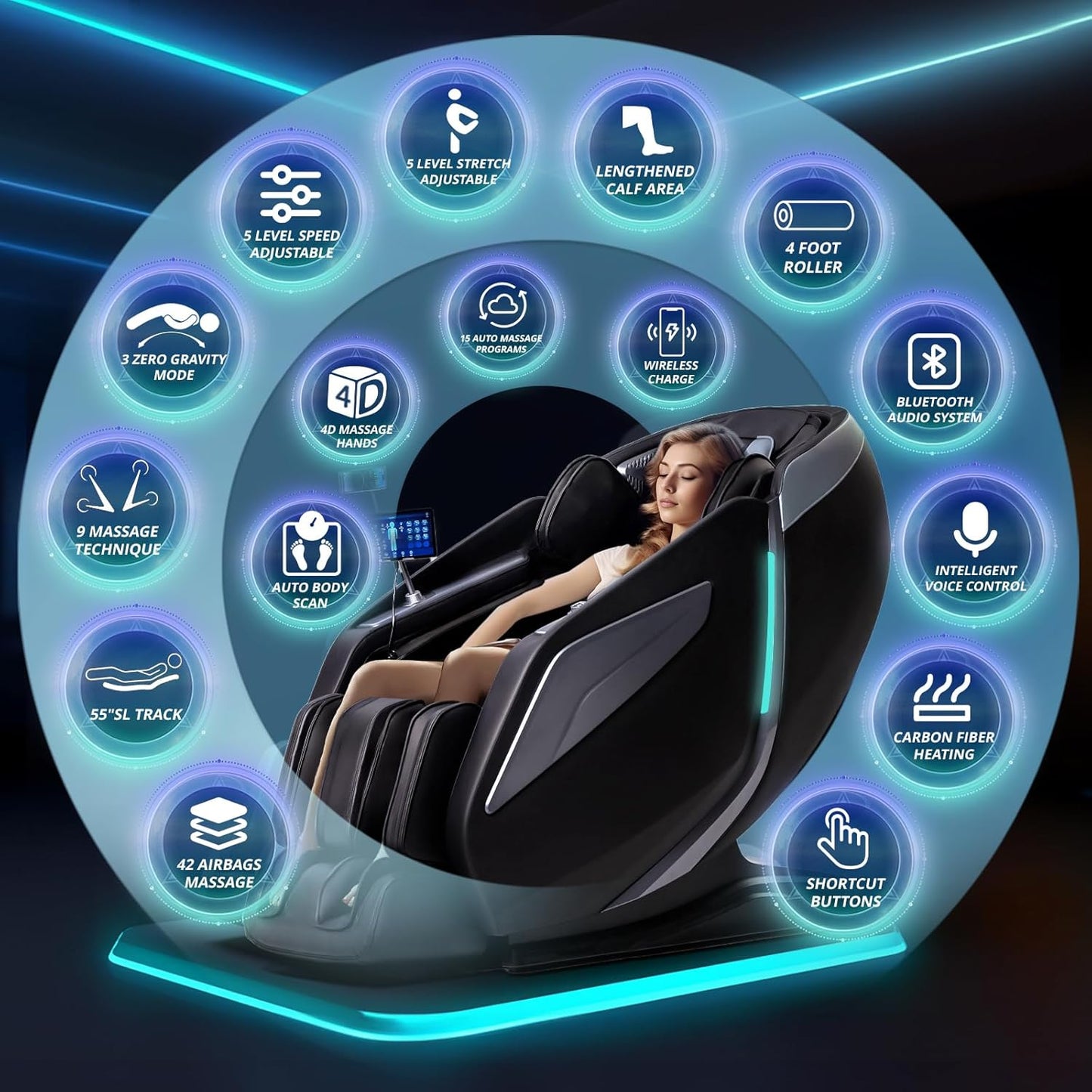 4D Massage Chair Full Body Zero Gravity Recliner - 55“ Sl-Track,15 Auto Modes,11 Massage Technique,40 Airbags Massage,With Yoga Stretch,App Control,Shiatsu Foot Massage(Black)