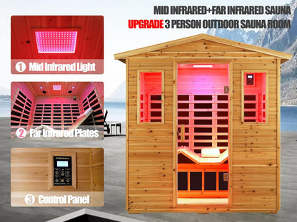 Outdoor Sauna 3 Person Infrared Sauna, Infrared Saunas for Home, 1950W Low EMF Far Infrared Sauna Old Fir Wooden Sauna with Beauty Red Light, Foldable Seat, Bluetooth, Chromotherapy Lamp, 20Amps