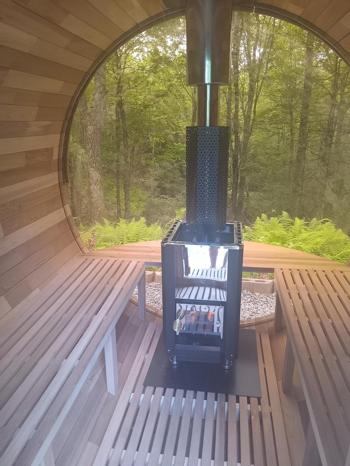 Outdoor Steam Sauna for 8 Person, Panoramic View, 6.2Ft X 7.9Ft Canadian Red Cedar Barrel Sauna with Asphalt Shingles Roof, Wood-Fired Stove, Triple Waterproof System, Chimney Kit, Rain Tarp