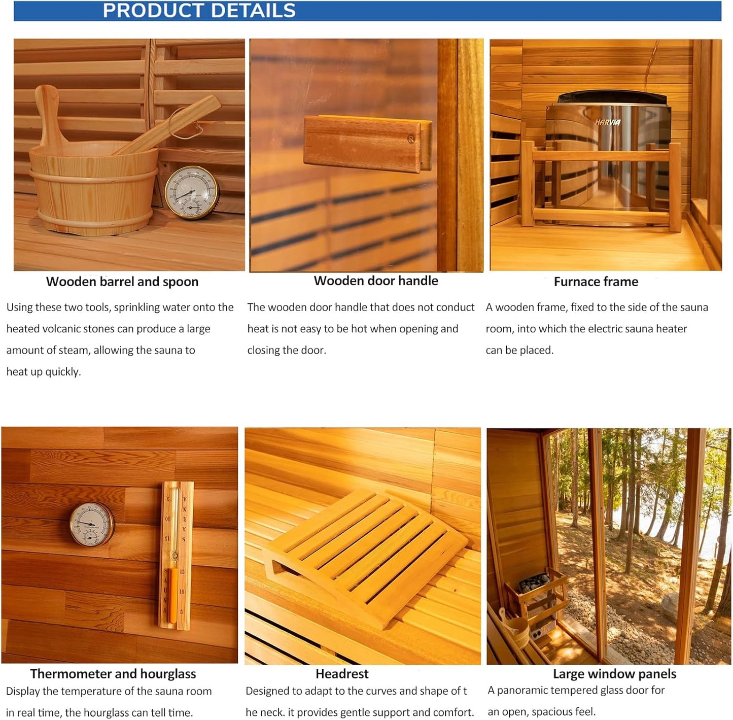 Outdoor Red Cedar Steam Sauna for 8 Person, Modern Square with Porch, Full-Glass Front, 8KW ETL Harvia Heater, LED Lighting, Waterproof Roof, Double Bench, Complete Accessories