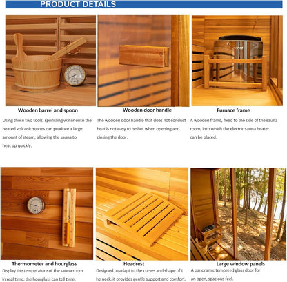 Outdoor Red Cedar Steam Sauna for 8 Person, Modern Square with Porch, Full-Glass Front, 8KW ETL Harvia Heater, LED Lighting, Waterproof Roof, Double Bench, Complete Accessories