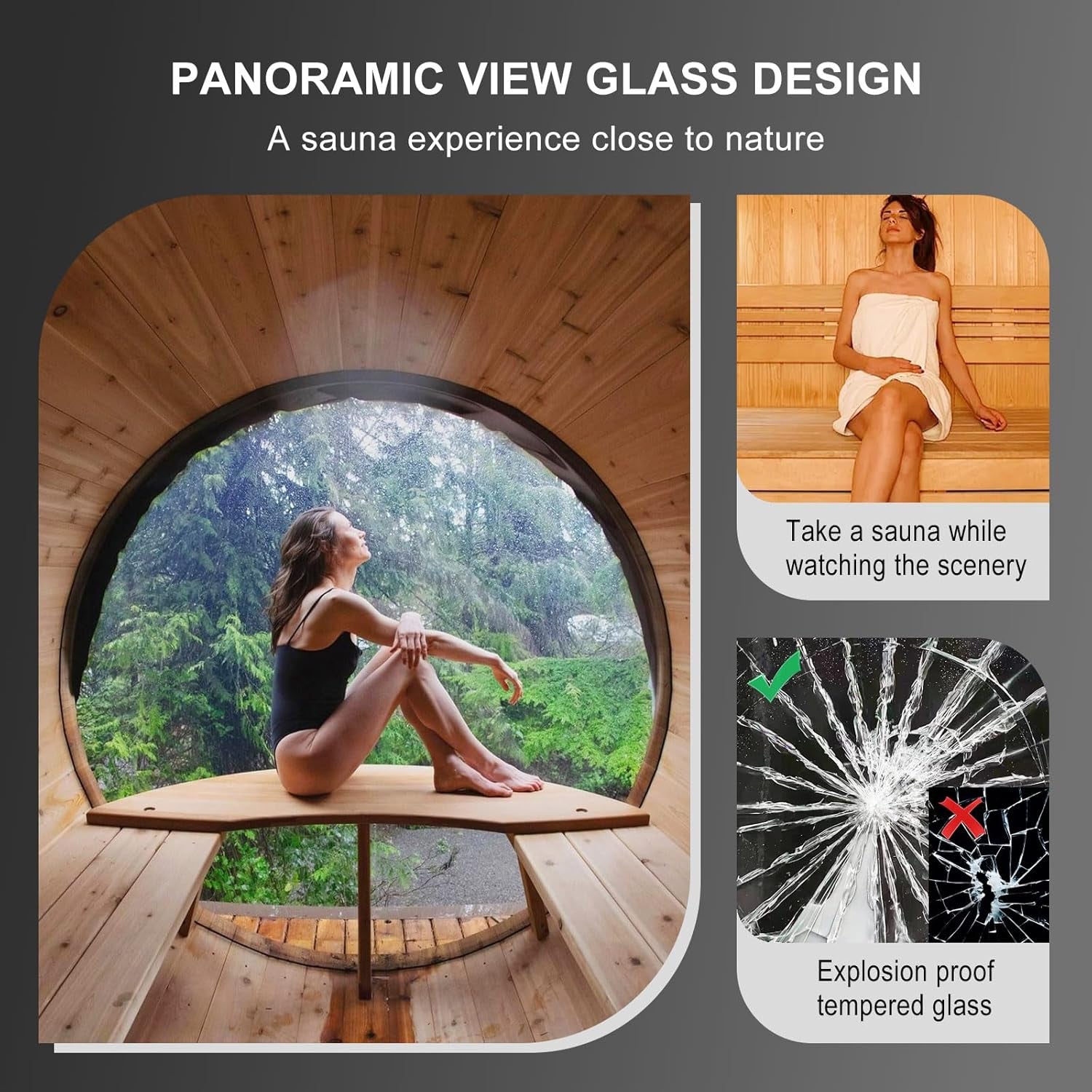 Wooden Steam Sauna Room with Panoramic View, Canadian Red Cedar Traditional Outdoor Barrel Wood Burning Sauna with Porch, Wood-Fired Stove with Chimney Kit, Wood Shingles, 6-8 Person