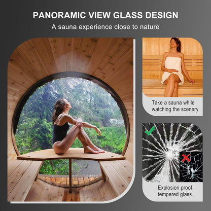 Outdoor Steam Sauna for 8 Person, Panoramic View, 6.2Ft X 7.9Ft Canadian Red Cedar Barrel Sauna with Asphalt Shingles Roof, Wood-Fired Stove, Triple Waterproof System, Chimney Kit, Rain Tarp