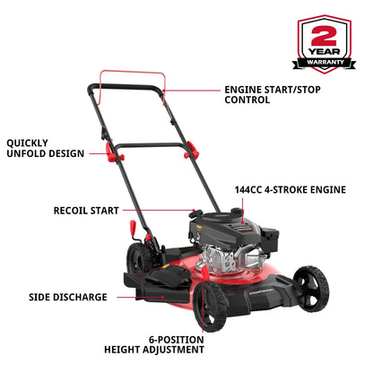 Gas Lawn Mower, 21 Inches 144Cc 2-In-1 Walk-Behind , Side Discharge Push Lawn Mower