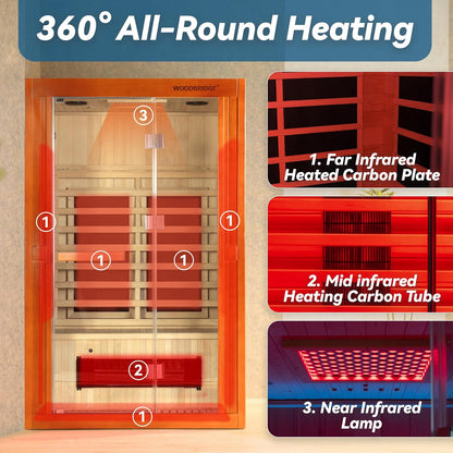 Infrared Home Sauna Room 2 Person Hemlock Wooden Indoor Sauna with 7 Carbon Heaters, Red Light Therapy, Bluetooth Speaker, Intelligent Control Panel, Tempered Glass & Top Vent