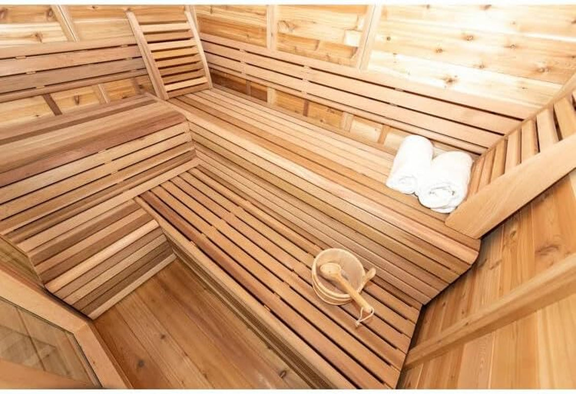 Outdoor Red Cedar Steam Sauna for 8 Person, Modern Square with Porch, Full-Glass Front, 8KW ETL Harvia Heater, LED Lighting, Waterproof Roof, Double Bench, Complete Accessories