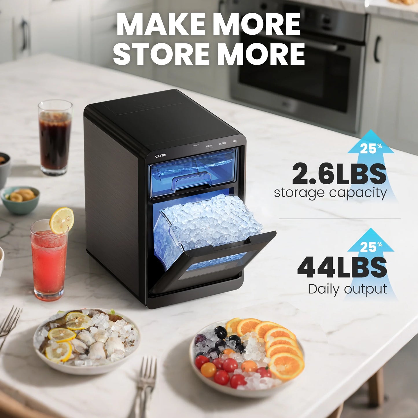 Nugget Ice Maker Countertop, 44Lbs per Day Chewable Pebble Nugget Ice Machine with Touch Screen for Home, Kitchen, Office, Stainless Steel, Black