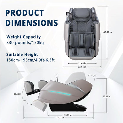 4D Massage Chair Full Body Zero Gravity Recliner - 55“ Sl-Track,20 Auto Modes,11 Massage Technique,40 Airbags Massage,With Yoga Stretch,App Control,Negative Oxygen Lons（Grey）