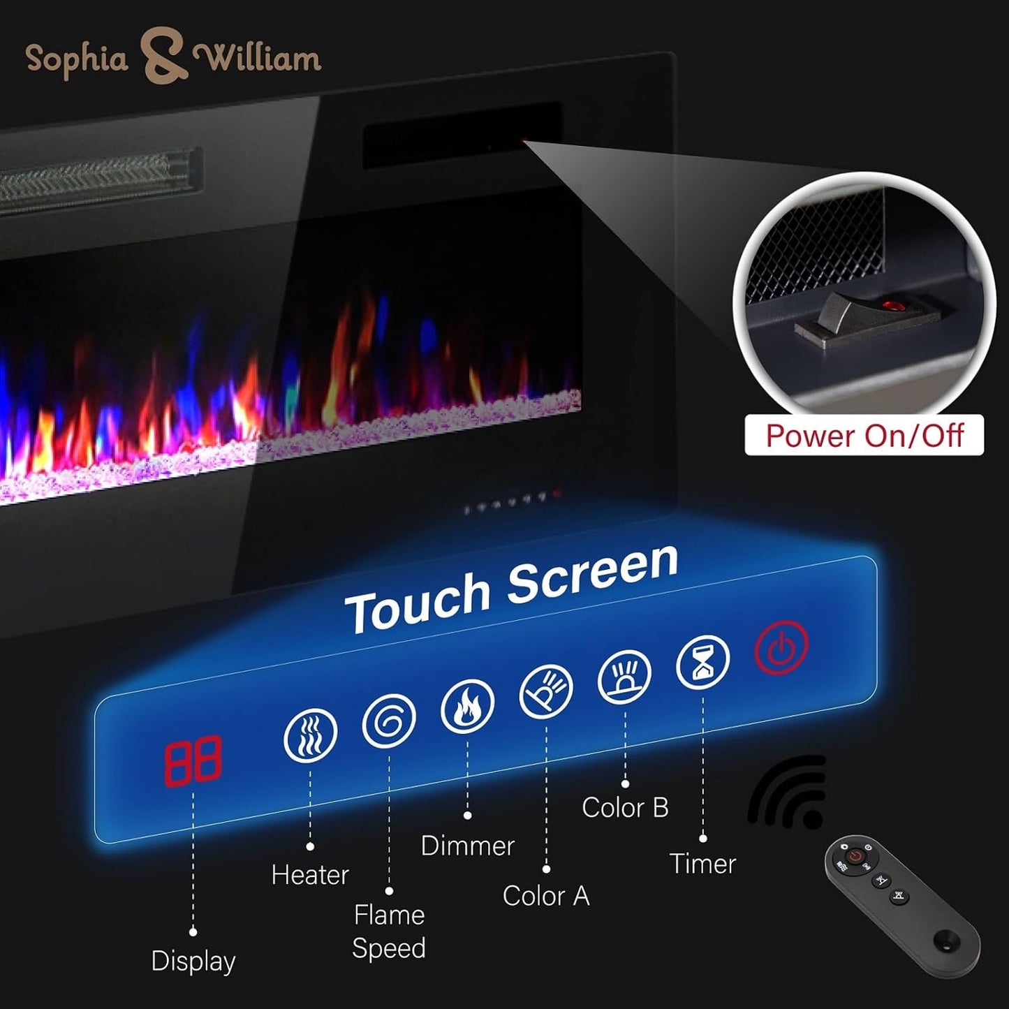 72 Inch Ultra-Thin Electric Fireplace Wall Mounted, Ultra Slim 3.19" Fireplace Heater with Remote Control, Low Noise, Flame Color Adjustable