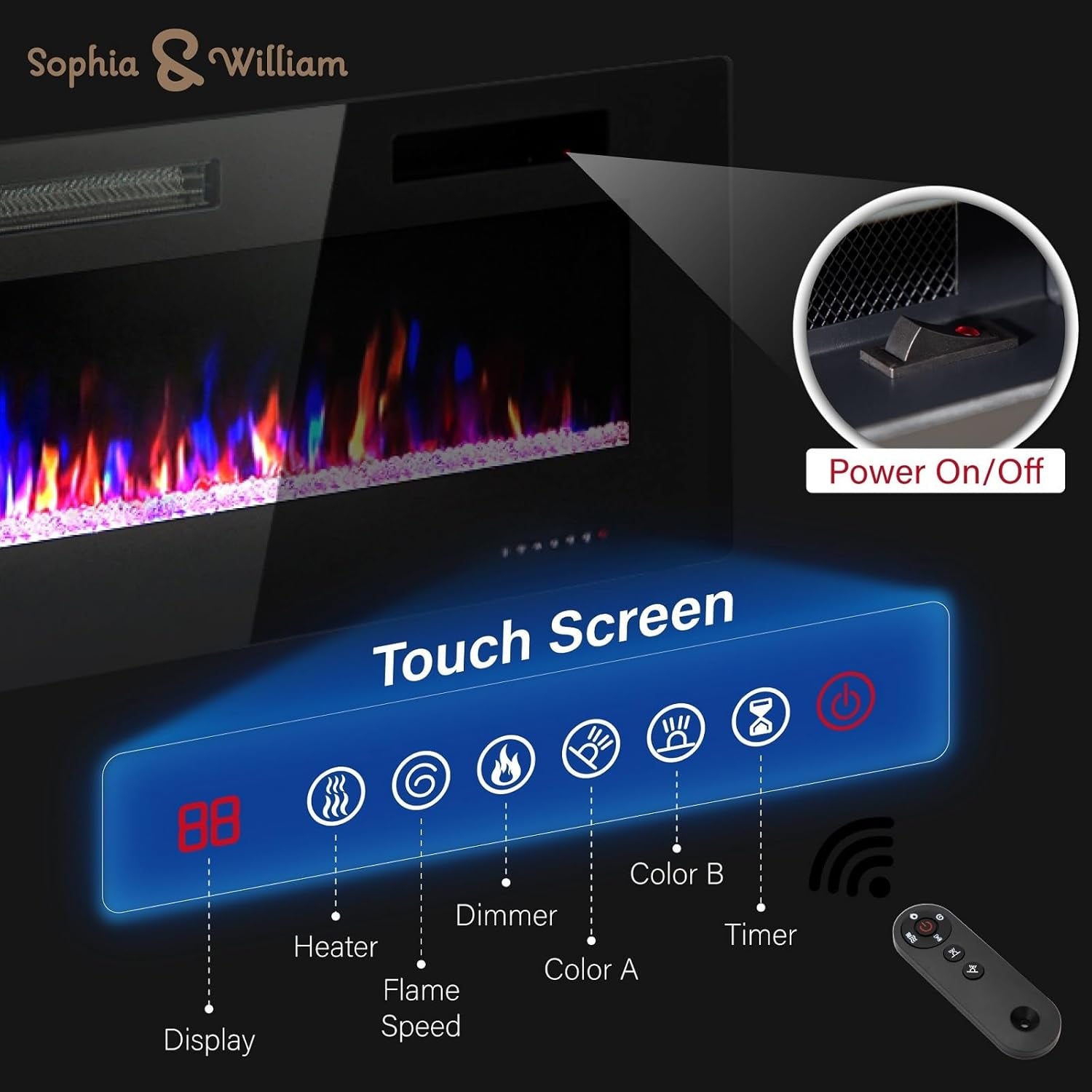 72 Inch Ultra-Thin Electric Fireplace Wall Mounted, Ultra Slim 3.19" Fireplace Heater with Remote Control, Low Noise, Flame Color Adjustable