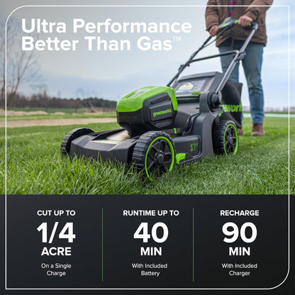 60V 17" Brushless Cordless Push Lawn Mower, 2-In-1 Mulching/Bagging, 4.0Ah Battery and 3A Charger(40Min Runtime)