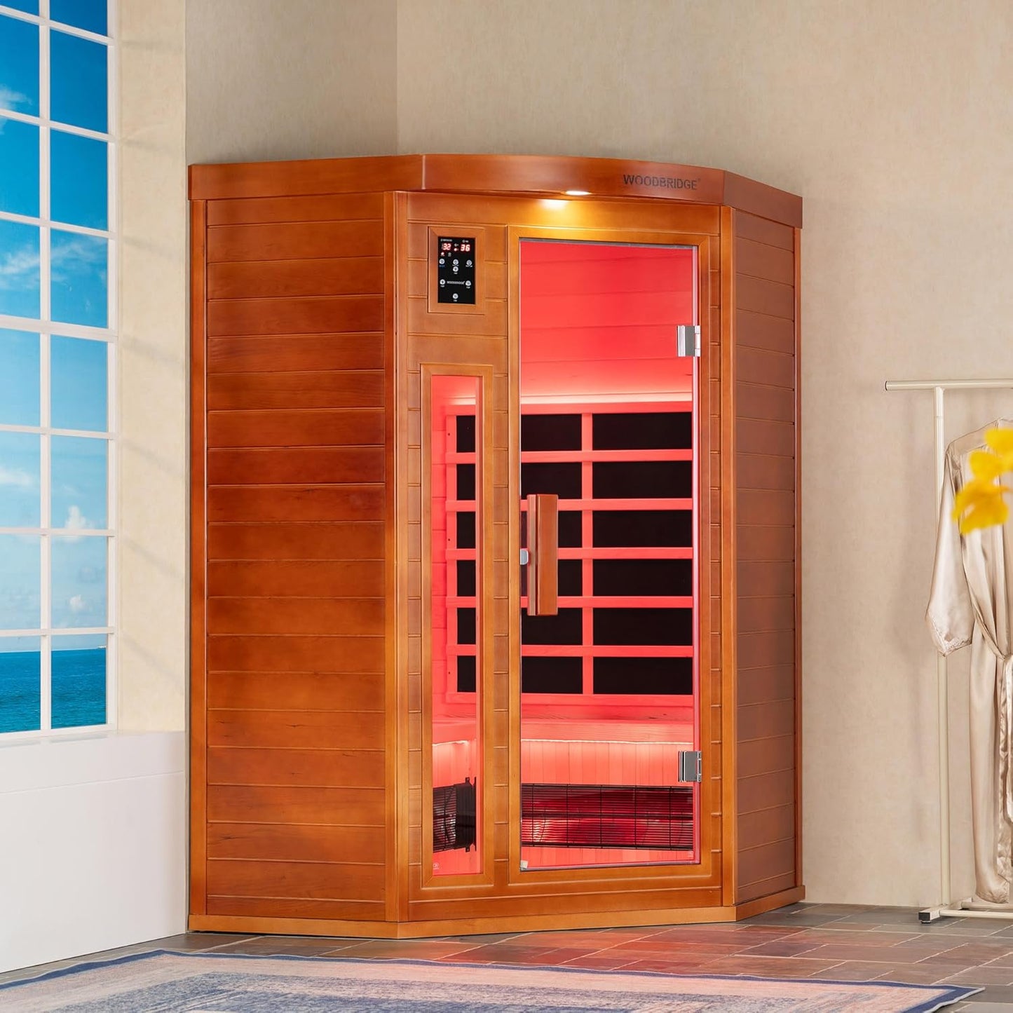 Infrared Home Sauna Room 2 Person Hemlock Wooden Indoor Sauna with 7 Carbon Heaters, Red Light Therapy, Bluetooth Speaker, Intelligent Control Panel, Tempered Glass & Top Vent