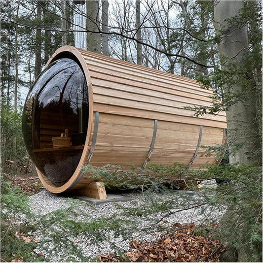 Wooden Steam Sauna Room with Panoramic View, Canadian Red Cedar Traditional Outdoor Barrel Wood Burning Sauna with Porch, Wood-Fired Stove with Chimney Kit, Wood Shingles, 6-8 Person