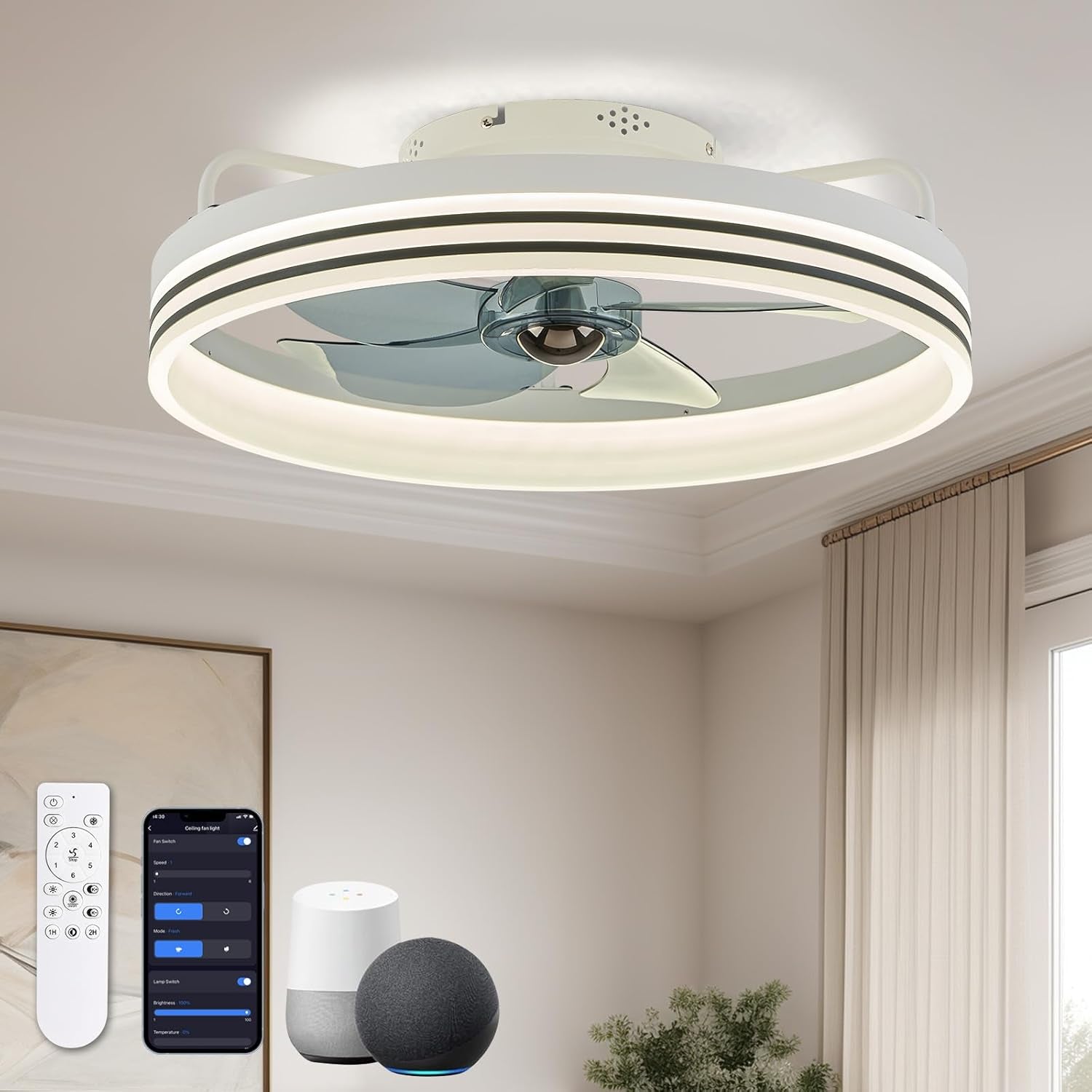 Ceiling Fans with Lights, Flush Mount Ceiling Fan with Lights and Remote, 6 Wind Speeds Smart Low Profile Ceiling Fan for Bedroom, Kids Room and Living Room 20" (Black)