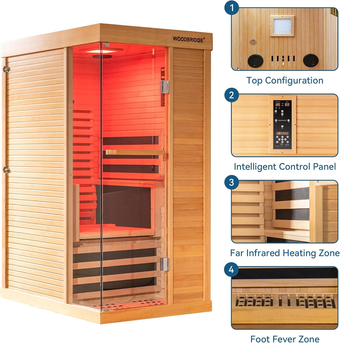Infrared Home Sauna Room 1 Person Hemlock Wooden Indoor Sauna,7 Carbon 1560W/120V Heaters,With Led Color Therapy Light,Bluetooth Speaker,Tempered Glass,Touch-Tone Keypad and a Top Vent