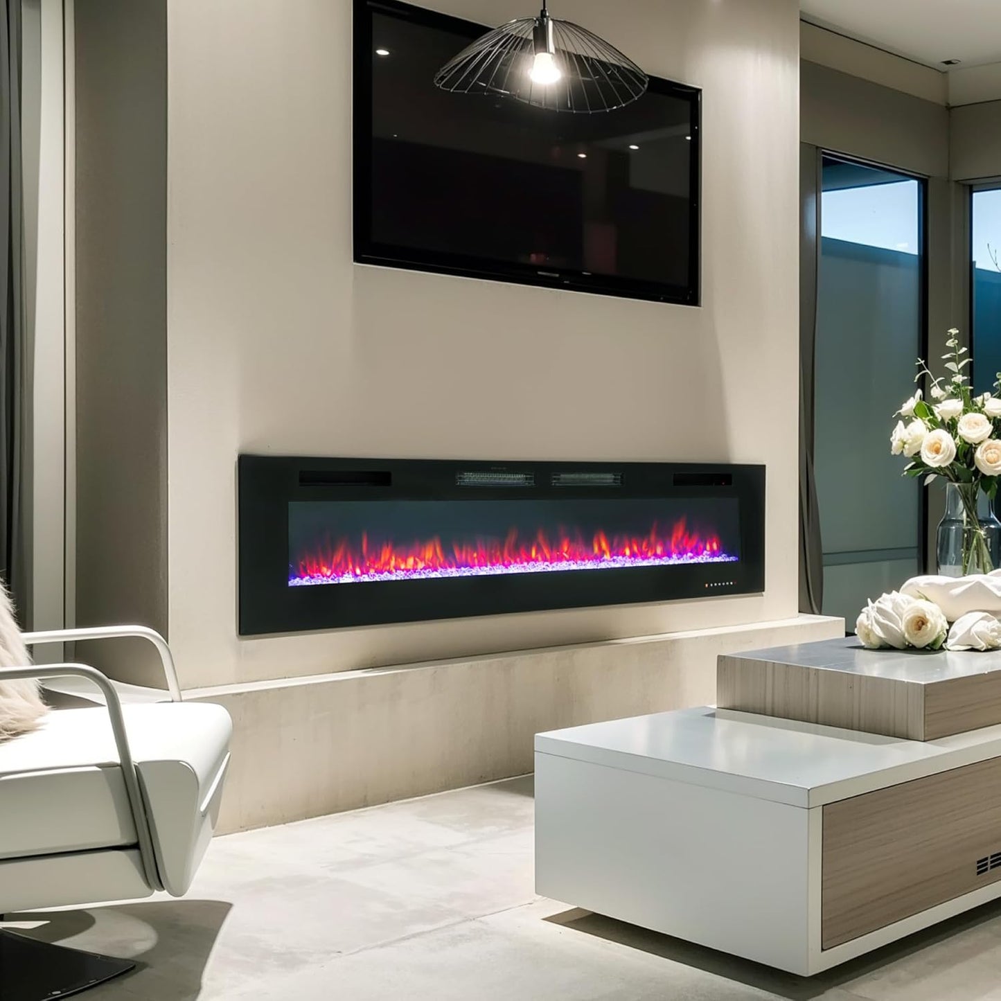 72 Inch Electric Fireplace, Recessed and Wall Mounted Electric Fireplace Heater, Linear Fireplace with Remote Control & Touch Screen, Thermostat, Timer, Adjustable Flame Color, 750/1500W